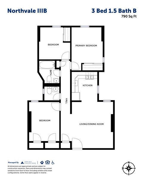 Floor plan for 3 beds, 1.5 baths, 790 sqft